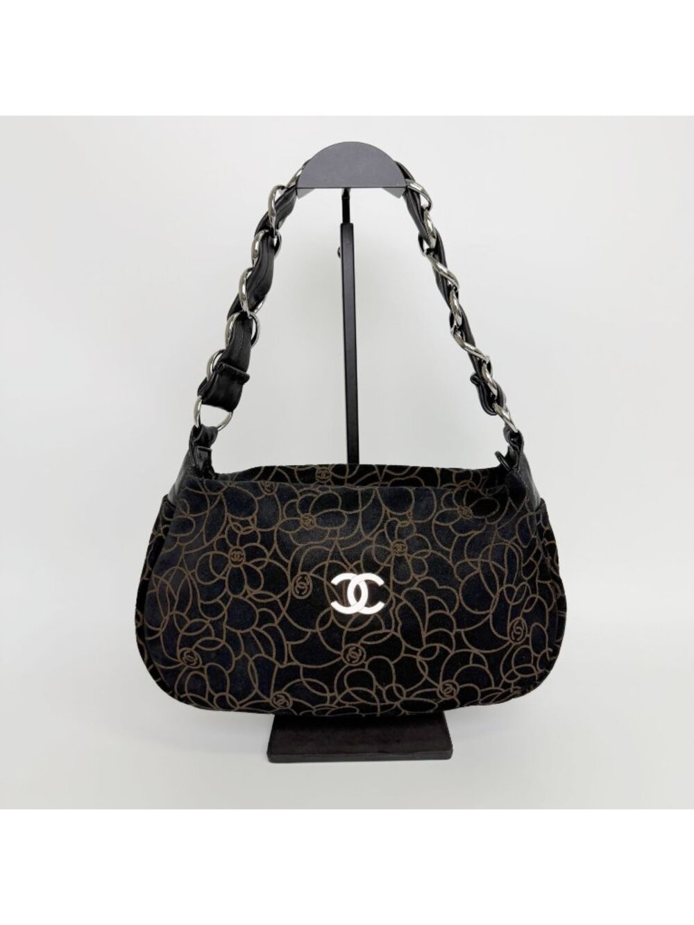 Chanel Camellia Print CC Logo Chain Shoulder Bag Suede Leather Black Silver